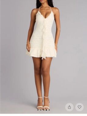 ❗️LAST CHANCE❗️ Lace-Trim Cream Halter Mini Dress